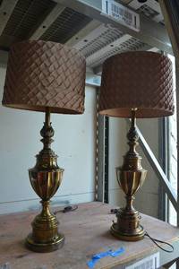 lot 36 image: Pair of Brass Table Lamps with Pleated SquareWaffle Design Round Shades
