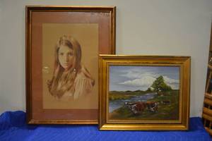 lot 51 image: Self-Portrait Chalk Drawing signed by artist, Cows in the Field Painting signed by artist