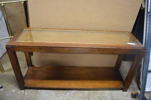 lot 17 image: Glass Top Hallway Table with Basket weave under glass 52W x 16D x 26T