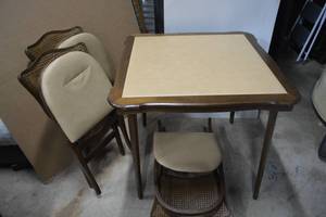 lot 13 image: Wooden Card table with Padded Top and Matching Cane back Chairs (One Chair needs Pad Fixed) 32x 32W tag says made by Stakmore Co.