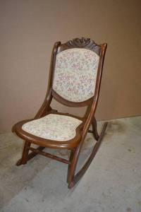 lot 10 image: Vintage Folding Rocking Chair with Embroidered Flower Design 30D x 34 Back Height