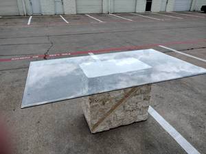 lot 53 image: Glass Top Dining Table (6Ft. X 42 W) with Stone Pedestal Base (31W x 19D x 29 Tall)