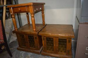 lot 59 image: 3 Side Tables Pair of Bottle Glass Door Cabinets 24 x 24 x 22H and One with Small Drawer 22W x 25D x 21H