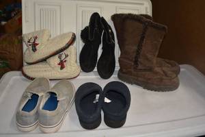 lot 67 image: Girls Shoes Loafers Size 7, Black Boots Size 4, Brown Snow Boots Size 7, and Christmas Slippers Size 78