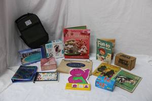 lot 91 image: Fulton Lunch Box, Vintage Kids Books, Puzzles, Bicycle Tube, Southern Living Christmas Cookbook