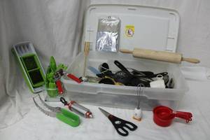 lot 103 image: Kitchen Lot Utensils and Tablecloth Protector as shown