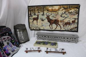 lot 109 image: Home Dcor Tapestry, Shelf, Metal Post Box, Grape Plaque