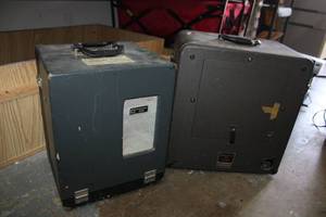lot 128 image: Vintage Pageant Sound Projector with Sticker from Movie Film Service, Bell & Howell Speaker and More