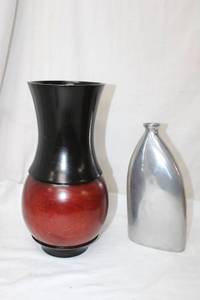 lot 149 image: Wooden Decorative Vase (Made in Thailand), Metal Flask-Type Vase (Made in India)