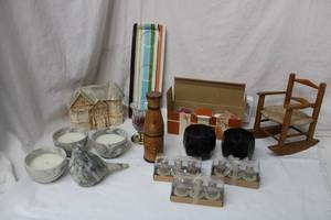 lot 152 image: Candle Sets, Mini Rocking Chair, Ceramic House (signed Su-Lin Originals), Wooden Olive Oil Bottle