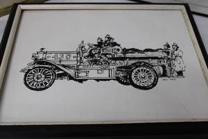 lot 157 image: Wall Art Firemen on Canvas by Ariel Tapnio, Signed Airplane Poster, Watercolor Painting Signed Pendergast 1900