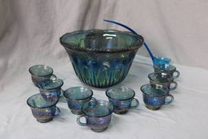 lot 164 image: Carnival Glass Blue Iridescent Punch Bowl Set with 9 Cups