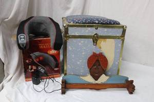 lot 166 image: Wooden Towel Rack Holder, Square Trunk, and Homedics Neck and Shoulder Massager
