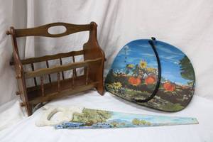lot 168 image: Hand painted Saw and Firewood Caddy (Signed by artist) Plus Wooden Magazine Rack