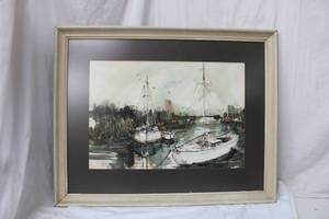 lot 173 image: Sailboats Painting Signed Ralph Bush 34x27 with Frame