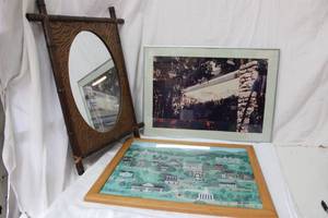 lot 175 image: Painting signed Page Dillon 1980 26x22, Photo Poster and Mirror with Bamboo Frame