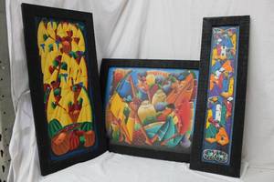 lot 181 image: 3 Vivid Color Paintings on Canvas signed by artists