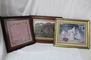 lot 186 image: Embroidered Mother Poem, Largest frame 21x18, Print signed Arthur J. Elsley 1903, and Boy with Horse Print Signed Jim Daly 1979
