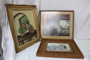 lot 195 image: Cat Painting (Signed by Texas Artist) and Prints Largest one measures 22x25