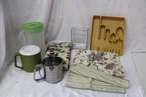 lot 197 image: Kitchen Lot Vinyl Tablecloth, Grape Motif Table runner, Sifter, Pitchers, and Glass Vase