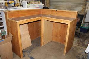 lot 141 image: Laminate Top Solid Pine L-Shaped Reception Counter 5ft W x 26 D x 41 Tall main piece, 35W x 27D x 41 Tall Smaller piece