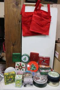 lot 210 image: Tin Collection and 2 Red Over the Door Pocket Storage Mesh Bags