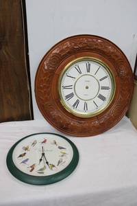 lot 211 image: Lovely Hand Carved Wooden Round Clock (needs new handshardware) and Plastic Audubon Clock with Birds for the Numbers