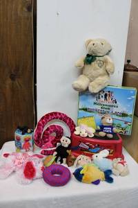 lot 213 image: Kids Lot Plush Toys, Cars Step Stools, Secret Millionaires Club Business in a Box Kit