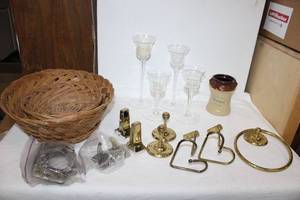 lot 215 image: Home Dcor Long-Stemmed Votive Candle Holders, Pottery Mug and Towel Rack Hangers
