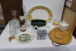 lot 217 image: Kitchen Lot Glass Decanters, Matching Platter and Creamer, Gravy Boat and More