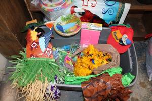 lot 220 image: Beach or Pool Party Decorating Kit in a Tub Parrot Sign, Blow up Trees, Garland, Paper Plates and Napkins and More