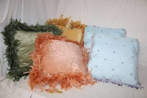 lot 238 image: Decorative Pillows 2 Tassel Trimmed Light Blue, 3 Velvet with Feather Trim