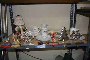 lot 235 image: Christmas Lot Santa Cookie Jar, 4 Place Plate and Mug Set, Stocking Mantle Hangers