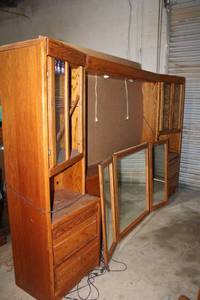 lot 14 image: Queen Size Bed Frame - Full Bookshelves on the Side, 3-Fold Mirror goes Behind Bed, Lighted Valance untested)
