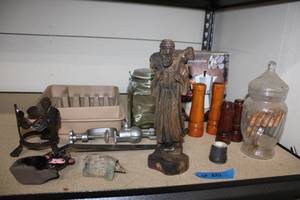 lot 242 image: Misc. Lot Wooden Salt and Pepper Shakers, Wood Carved Shephard, Glass Cannisters, Metal Clamp, Silverware Tray and More