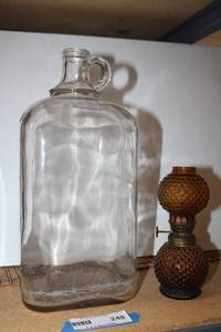 lot 248 image: Gallon Size Glass Milk Jug, Vintage Hobnail Mini Hurricane Lamp no top