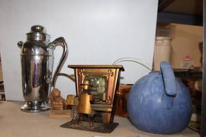lot 256 image: Metal Piano Player Figurine, Copper Kettle, Blue Ceramic Jug marked Camark and More