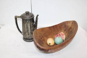 lot 261 image: Wooden Fruit Bowl with Glass Fruit, Vintage Coffee Pot marked Hotel Statler Silver Soulder