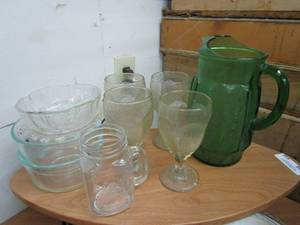 lot 38 image: UNIQUE GREEN GLASS PITCHER, GLASS GOBLETS AND BOWLS