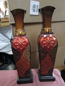 lot 53 image: SET OF 17IN BEAUTIFUL EMBOSSED METAL HARLEQUIN VASES