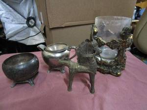lot 109 image: VINTAGE BRASS HORSE STATUE, (2) SILVERPLATED PIECES BOTTOM STAMPED F B ROGERS, GOTHIC STYLE CANDLE HOLDER