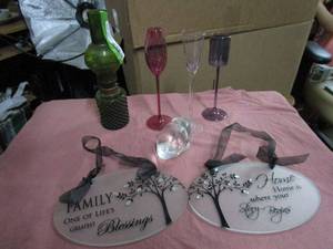 lot 25 image: GREEN GLASS KEROSENE LAMP FROM HONG KONG, (3) SMALL LONG STEM WINE, CHAMPAGNE GLASSES FROM FRANCE, (2) FROSTED GLASS DECOR HANGING SIGNS, GLASS DIAMOND PAPER WEIGHT.&nbsp