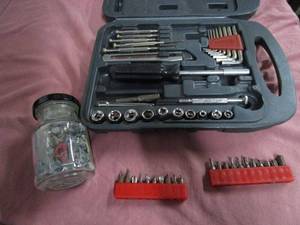lot 114 image: TOOL CASE WITH TOOLS, DRILL BIT SETS, GLASS JAR FILLED WITH MISC ITEMS.