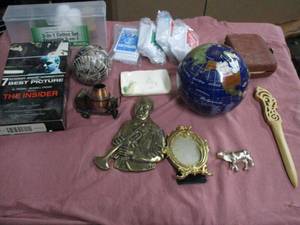 lot 115 image: GLOBE PAPER WEIGHT DECOR, MINI METAL VINTAGE DUMO TRUCK, HAND PAINTED ORNAMENT, VHS, GUESSTURES CARD REFILLS AND MORE