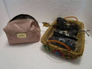 lot 123 image: WOVEN SHALLOW BASKET WSUNGLASSES &amp NICOLE MILLER BAG OF NAIL POLISHES