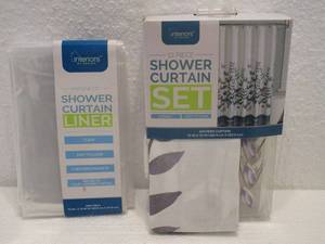 lot 124 image: NEW IN PACKAGE SHOWER SET- LEAF PATTERN SHOWER CURTAIN SET &amp SHOWER LINER