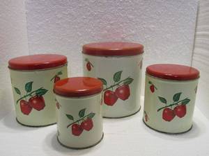 lot 69 image: SET OF VINTAGE DECOWARE RED APPLE NESTING TIN CANISTERS