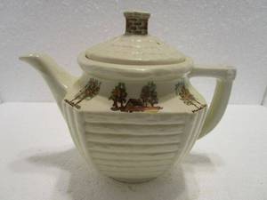 lot 74 image: VINTAGE PORCELEIR CHINA TEA POT HAND PAINTED CABIN DESIGN&nbsp