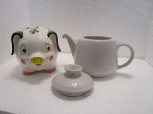 lot 79 image: VINTAGE WHITE CHINA TEA POT &amp HAND PAINTED CERAMIC PIGGY BANK