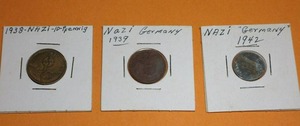 lot 32 image: (3) WWII ERA COINS FROM NAZI GERMANY, 1938 10 PFENNIG, 1932 2 PFENNIG, 1942 PFENNIG